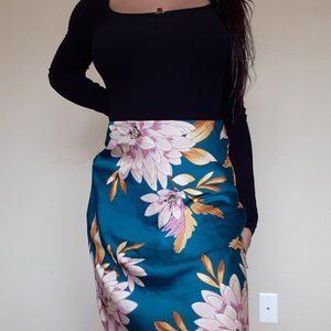 Satin Floral Aline Midi Skirt